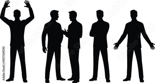 Businessman silhouettes set showing male professionals gesturing, discussing and presenting isolated on white background corporate communication concept