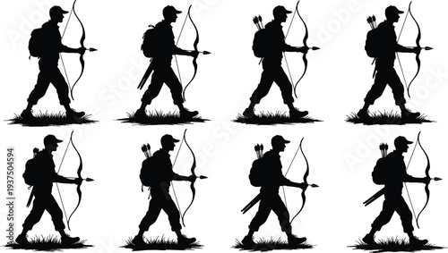 Archer hunter silhouettes collection featuring man with bow and arrows walking isolated on white background hunting and archery concept