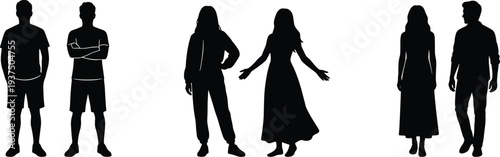 Male and female standing silhouettes collection featuring casual people characters isolated on white background human figure design set