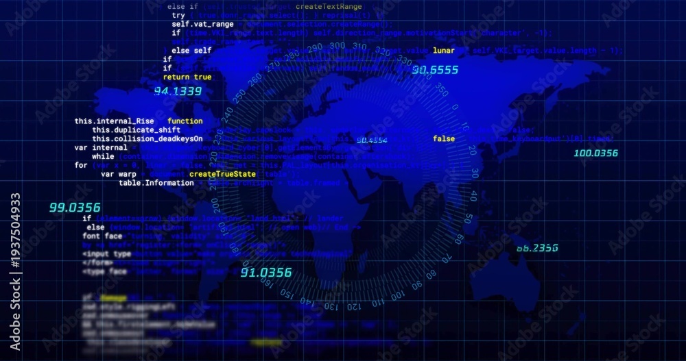 Obraz premium Displaying centered world map and radar rings on computer dashboard, showing grid and code readouts
