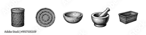 Set of kitchenware and storage containers including woven baskets, wooden bowl, and stone mortar and pestle in vintage woodcut style.