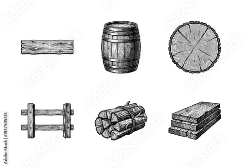 Vintage engraving wood collection featuring a timber barrel, cross section log, rustic fence, firewood bundle, and stacked lumber planks.