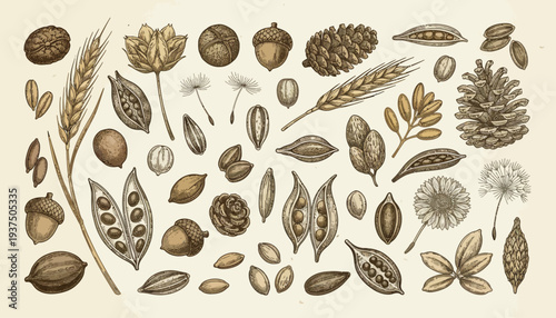 Assorted seeds and plants in various forms and stages.