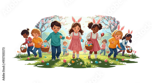 Children on Easter Egg Hunt with Bunny Ears in Spring Park