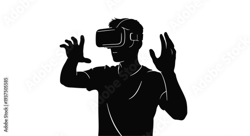 Man wearing virtual reality goggles exploring digital world