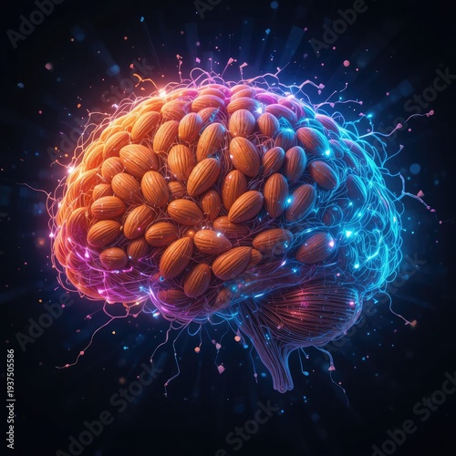 Conceptual Illustration of a Vibrant Brain Crafted from Almonds, Illuminated by Dynamic Neural Networks, Symbolizing Enhanced Cognitive Function and Nutritional Intelligence