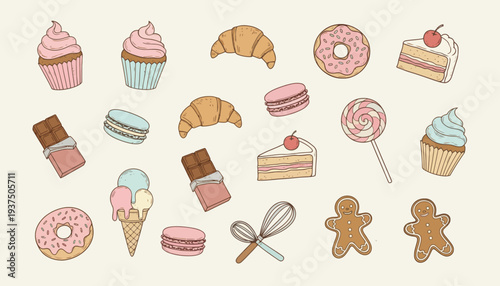 Assorted sweet treats and baking ingredients in pastel colors.