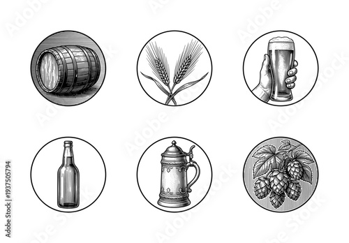Vintage brewery collection featuring hand drawn woodcut illustrations of a wooden barrel, wheat stalks, beer glass, glass bottle, ornate tankard, and hops branch.