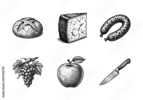 Vintage engraving style collection of food items including bread, cheese, sausage, grapes, apple, and a kitchen knife