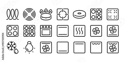 Appliance control icons for oven and cooking modes including temperature, fan, and grill functions