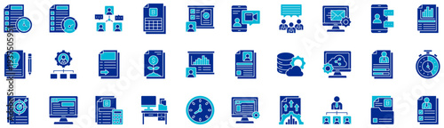 Project Management dual tone style icon collection. Vector illustrations. Schedule, Speed test, Team, Invoice, Task, Video call, Meeting. Pro Vector