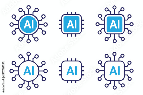 Blue and white artificial intelligence icons set with AI chips and connecting circuits