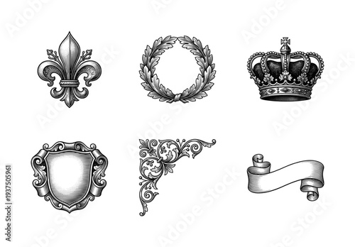 Collection of vintage heraldic ornaments and royal symbols in classic black and white woodcut engraving style