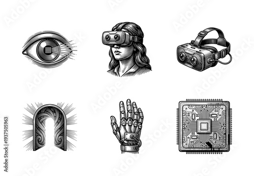 Vintage style engraving collection of virtual reality and futuristic technology icons including headset haptic glove and circuit board