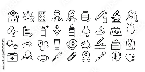 Assortment of healthcare and medical icons, illustrating medicine and wellness