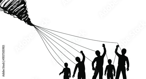 Silhouettes of people controlled by strings