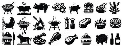 Assorted barbecue food icons with meats grill and condiments for outdoor cooking themes