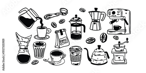 Assorted coffee making equipment and coffee beans illustration.