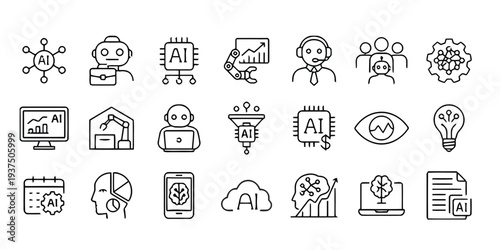 Artificial intelligence and technology icons in outline style for innovation and data