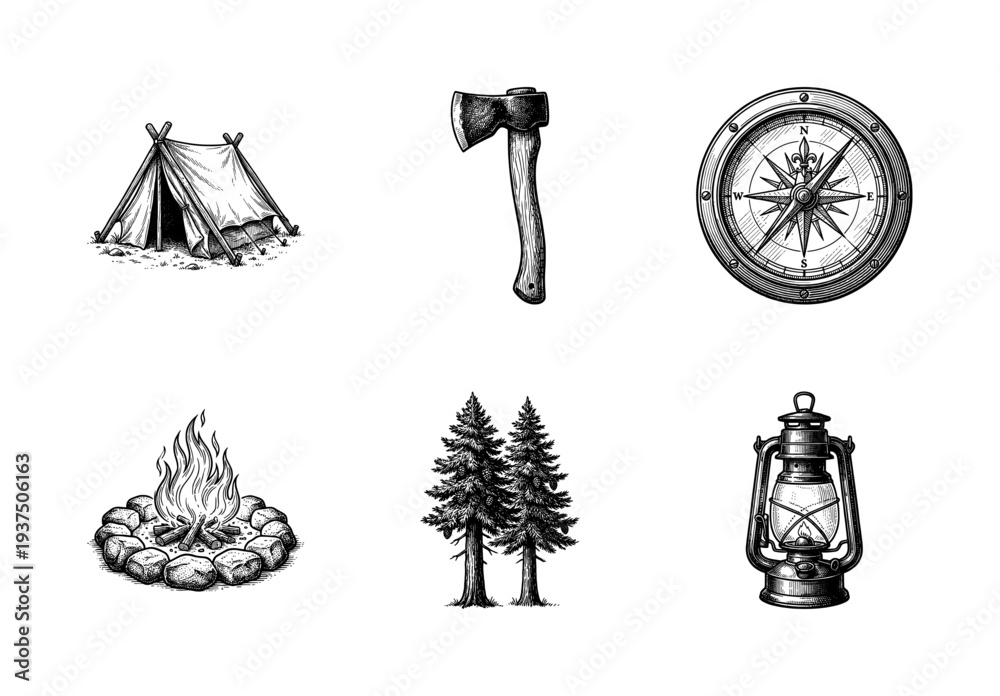 Obraz premium Vintage woodcut style camping equipment set featuring a tent, hatchet, compass, campfire, pine trees, and lantern on a white background.