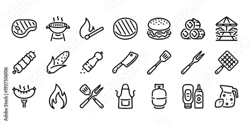 Barbecue icons set for outdoor grilling and summer food