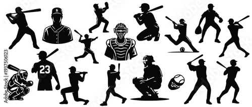 Baseball player action silhouettes including pitcher catcher and batter set on white background