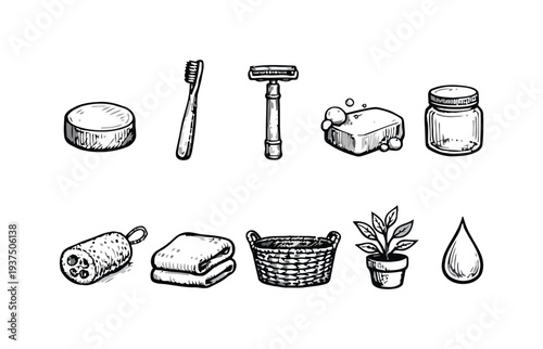 Bathroom and hygiene icons, soap, toothbrush, razor, sponge, towels, basket, plant, drop, cream jar