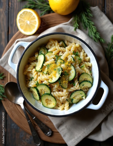 Pasta with zucchini slices and lemon zest served in enamel bowl. Twists pasta dish with fresh herbs on rustic wood background. Simple and tasty meal.