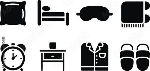 Bedroom interior elements for comfortable sleep and rest icons