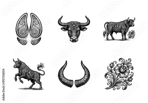 Ornate bull and bovine illustration set featuring intricate floral patterns and filigree engraving style elements