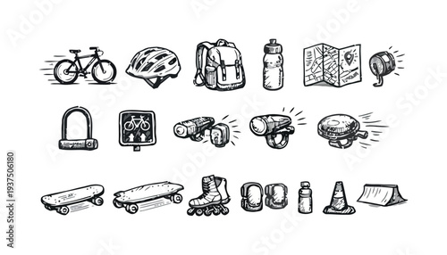 Bicycle and cycling accessories, safety gear, and sports equipment, sketch style