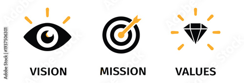 Business vision mission values concept with eye dartboard and diamond icons on white background