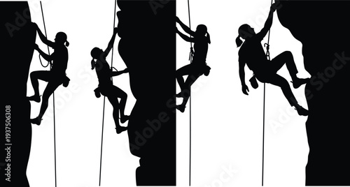 Mountain rock climbing, athlete climber silhouettes, outdoor adventure sport, alpine limestone walls, extreme hiking summits, wilderness exploration, nature peak elements.