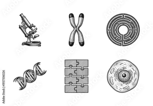 Set of science and genetics icons featuring a microscope, chromosome, maze, dna helix, puzzle pieces, and a biological cell in vintage woodcut engraving style.