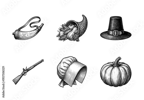 Set of colonial Thanksgiving icons featuring a cornucopia, pilgrim hat, bonnet, pumpkin, musket, and powder horn in a vintage engraving style