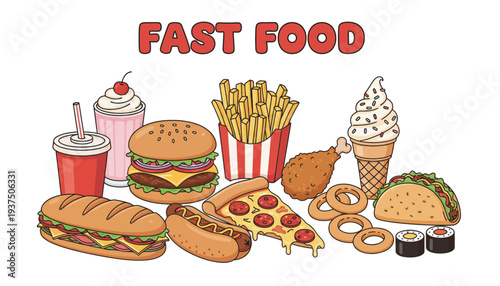 Assorted Fast Food Items Including Burgers Fries and Desserts.