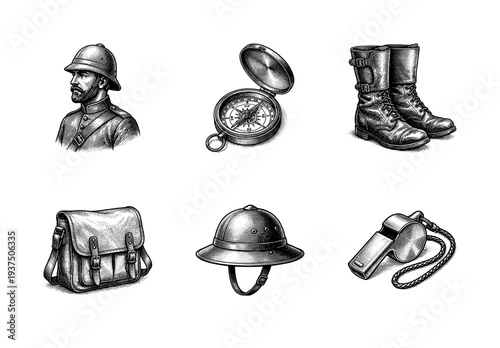 Vintage exploration and colonial military equipment set featuring hand drawn engraving style illustrations of a pith helmet, compass, boots, and messenger bag.