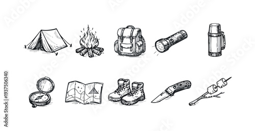 Camping and outdoor adventure gear icons set