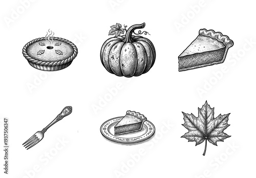 Vintage engraving style thanksgiving and autumn collection featuring pumpkin, freshly baked pie, slice on a plate, silver fork, and maple leaf.