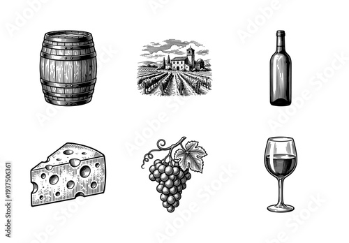 Vintage engraving style wine and vineyard collection featuring wooden barrel, rustic winery landscape, bottle, cheese wedge, grape bunch, and glass.