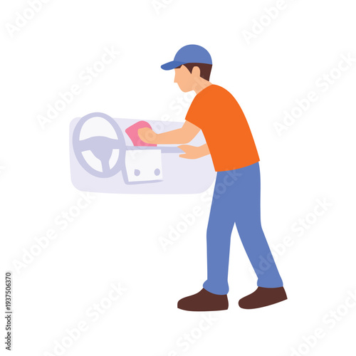Car interior cleaning worker wiping dashboard and steering wheel