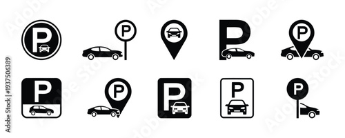 Car parking icons and location markers for urban navigation and transport systems