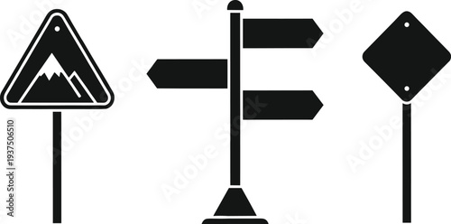 Mountain road sign icons with directional arrow, wooden signboard, and traffic warning symbols for travel, hiking and outdoor adventure navigation,
