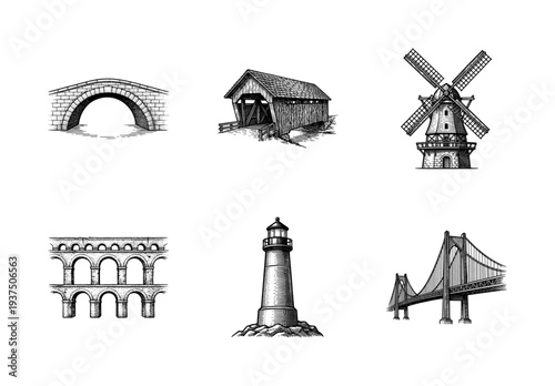 Vintage engraving style collection of historical architectural structures including bridges, aqueduct, windmill, and lighthouse illustrations