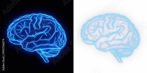 Abstract AI Human Brain Neural Network Visualization with Glowing Blue Neon Lines, Artificial Intelligence Neural Connectivity Structure, Digital Mind Mesh, Machine Learning Brain Interface Concept Is