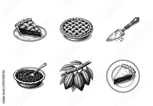 Vintage engraving style collection of chocolate pie slices, whole lattice tart, cocoa beans on branch, and serving utensils
