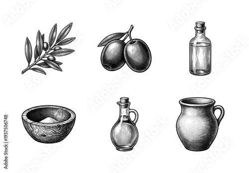 Vintage engraving set of olive oil production elements including branches, fruit, glass bottles, wooden bowl, and ceramic jug.