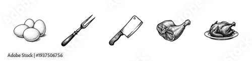Vintage engraving set of butchery and poultry items featuring eggs, carving fork, meat cleaver, raw leg of lamb, and roasted chicken.