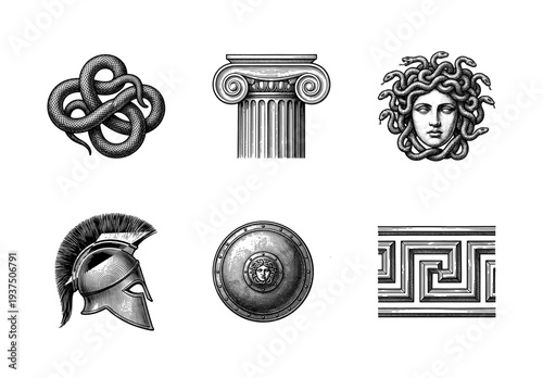 Set of black and white ancient Greek mythology illustrations featuring Medusa, a Corinthian helmet, ionic column, and classic ornamental patterns in a vintage engraving style.