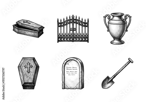 Vintage engraving style collection of funeral and cemetery icons including coffin, tombstone, urn, and gothic gate on white background.